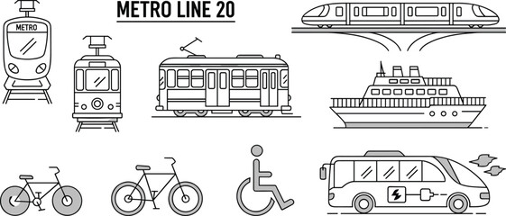 Vehicle public transport line icon set. Vector pictograms of metro, tram, monorail, ferry, bike, wheelchair, electric bus, thin linear 
