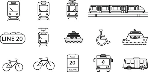 Vehicle public transport line icon set. Vector pictograms of metro, tram, monorail, ferry, bike, wheelchair, electric bus, thin linear 