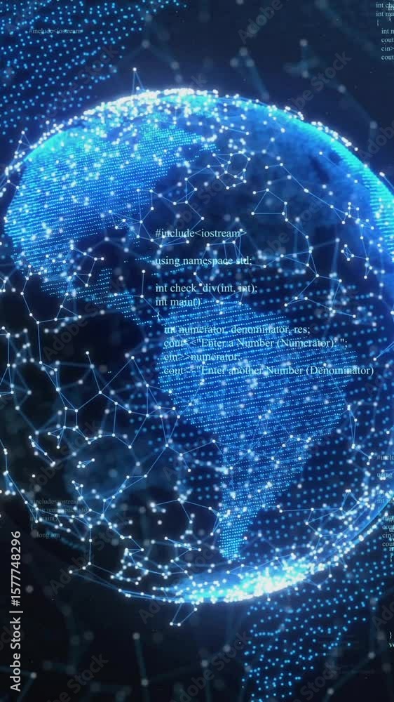 Poster animation of network of connections and data processing over globe