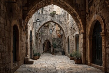 Naklejka premium Ancient Stone Arches in Jerusalem Alley.