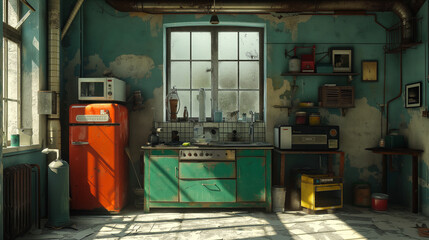 Retro kitchen with worn walls and vintage appliances in natural light