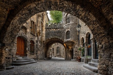 Fototapeta premium Medieval Stone Street Archway in Europe.