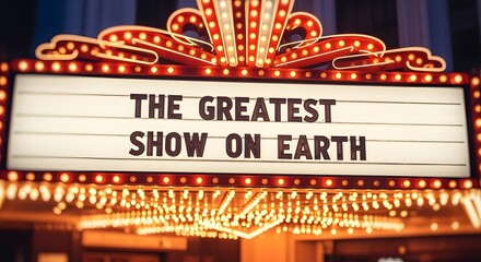 The greatest show on earth marquee sign with bright lights illuminating the entrance area view from below