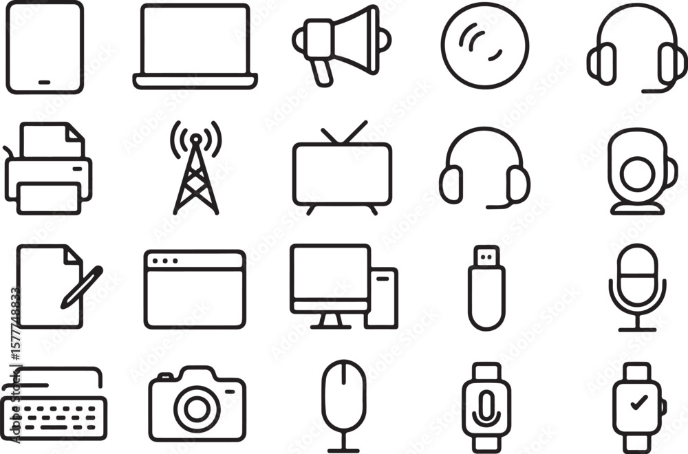 Fototapete collection of technology and communication icons line art graphics for web and app design