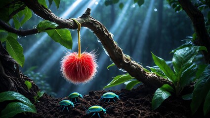 Red fuzzy ball hanging above beetles in dark forest