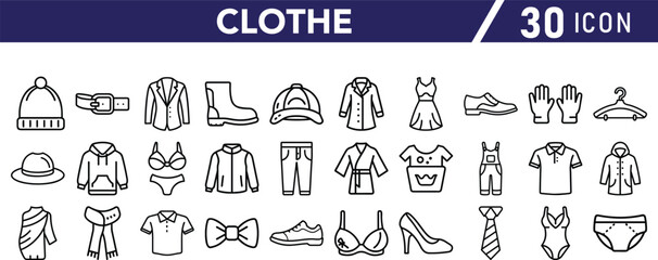 Vector art of a collection of 30 clothing icons representing various apparel and accessories