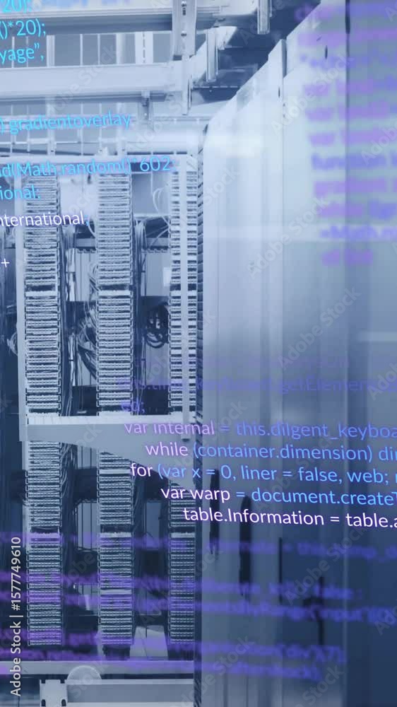Poster computer code animation over server racks in data center