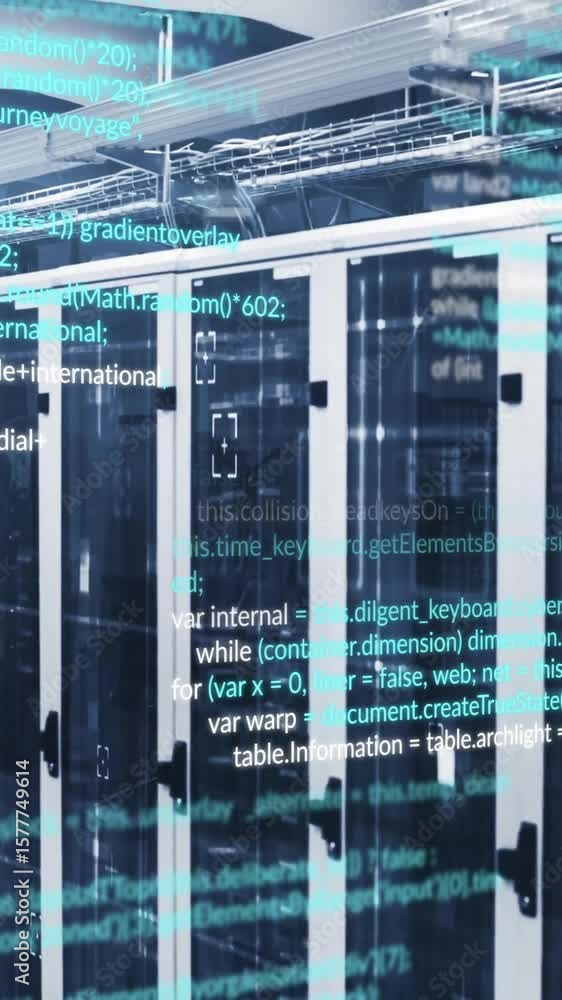 Poster Computer code animation over server racks in data center