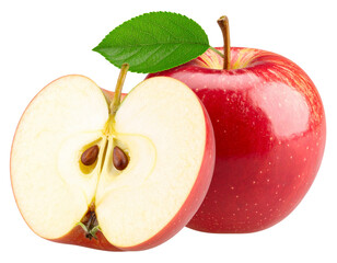  Red Apple Whole and Half with Leaf on Transparent Background, PNG
