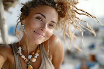 Mixed-race woman with curly hair and freckles wearing seashell necklace, smiling softly at beach town backdrop in natural daylight