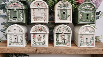 Vintage Decorative Mailboxes with Floral Designs on Wooden Shelf