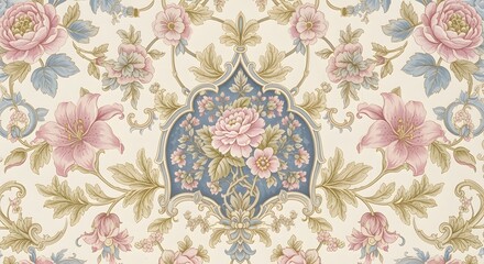 Ornate floral pattern with pink and blue hues featuring roses lilies and decorative flourishes design