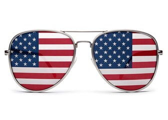 A pair of sunglasses with an American flag pattern, decorated in red and white stripes and blue stars, is displayed on the right side against