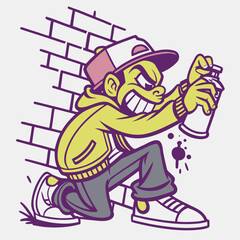 Fototapeta premium Vibrant graffiti-style character with spray cans exaggerated facial features comic street art look isolated on grungy background t-shirt design