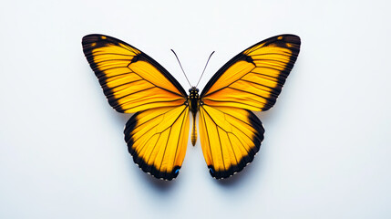 Single Butterfly with Vibrant Yellow Wings on Plain White or Light Gray Background – Minimalist, High-Contrast Nature Illustration