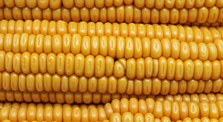 Corn kernels arranged neatly in bright yellow color on a plain background 