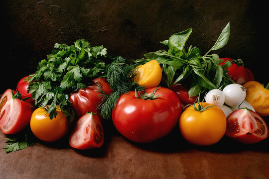 Fresh Tomatoes Herbs Dark Rustic Background