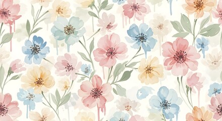 Watercolor floral pattern featuring pink blue and yellow flowers with green leaves on a white background