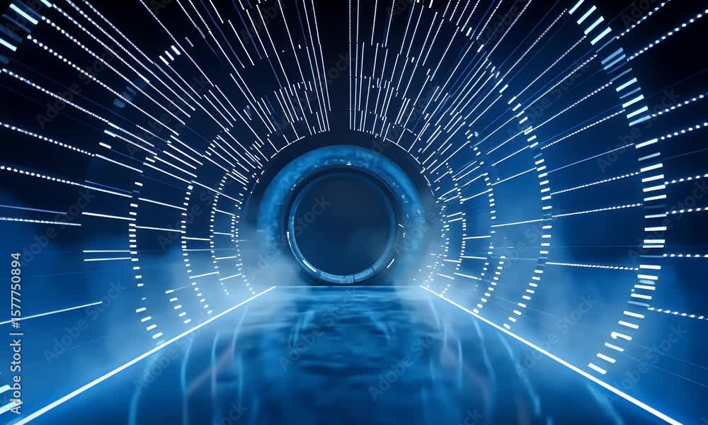 Poster a dark, futuristic tunnel with blue neon lights and a misty atmosphere, creating an immersive sci-fi