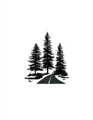 Silhouette of three evergreen trees flanking a winding road, set against a white background