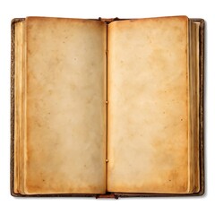 Antique open book with blank, aged yellowed pages and a worn dark cover isolated on white and transparent background