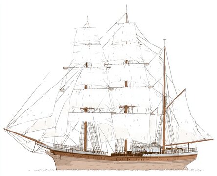 Detailed line drawing of a three-masted topsail schooner with full sails, showcasing its wooden hull and rigging