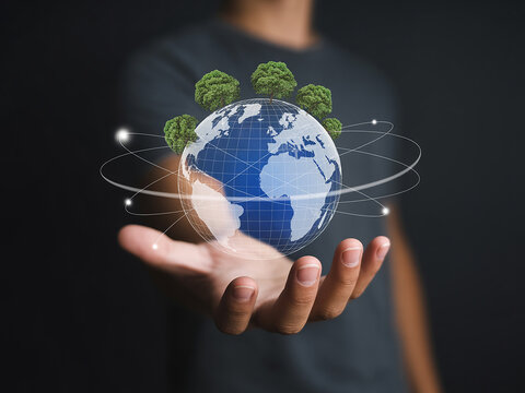 Person Holding a Holographic Earth Globe with Trees Representing Global Environmental Conservation and Sustainability - Powered by Adobe