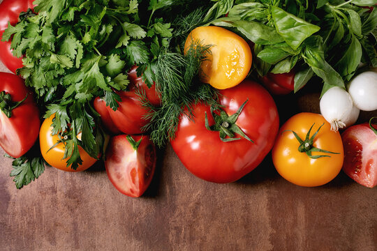 Fresh Vegetables Herbs Wooden Table Background