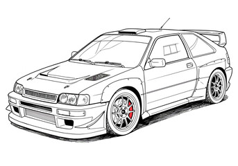 Fototapeta premium High-Performance Rally Car Sketch | Detailed Sport Hatchback Line Art | Turbo Tuner Auto Drawing for Car Lovers & Designers