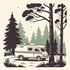 Obraz premium Vintage illustration of a classic camper van in the forest muted retro color palette soft grain texture t-shirt graphic retro car on the road