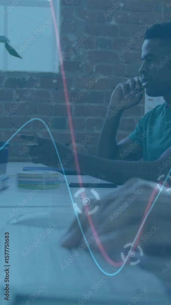 Poster analyzing data animation over people working on computers in modern office
