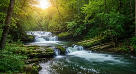 Obraz premium Sunlit Forest Stream with Cascading Waterfalls and Lush Greenery