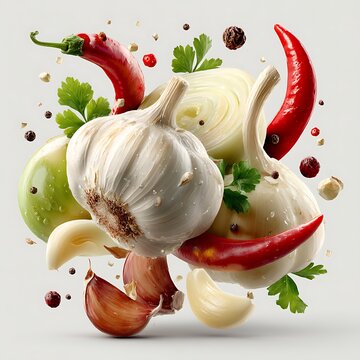 A vibrant display of garlic, onions, and chili peppers float in air