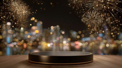 Dark round display stand with fireworks and city lights