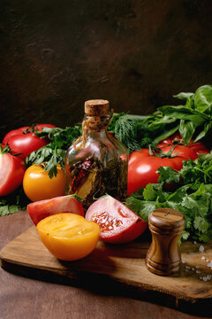 Fresh Vegetables Oil Bottle Wooden Board