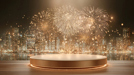 Golden fireworks illuminate city skyline over empty stage