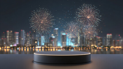 Fireworks illuminate city skyline at night with empty platform