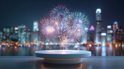 Vibrant fireworks over city skyline with empty platform