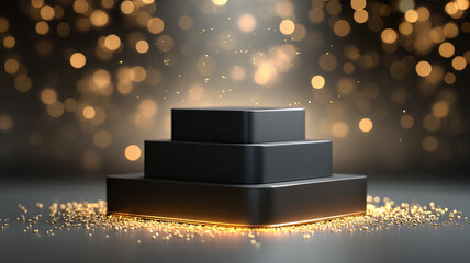 Minimal black podium with golden bokeh lights