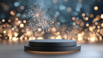 Minimal black podium with fireworks and bokeh lights