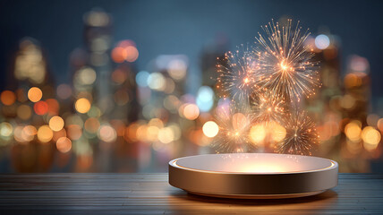 Illuminated pedestal with fireworks and city bokeh lights