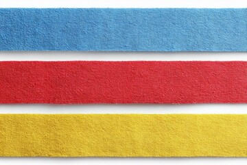 Three horizontal felt strips in blue, red, and yellow, neatly arranged on a white background