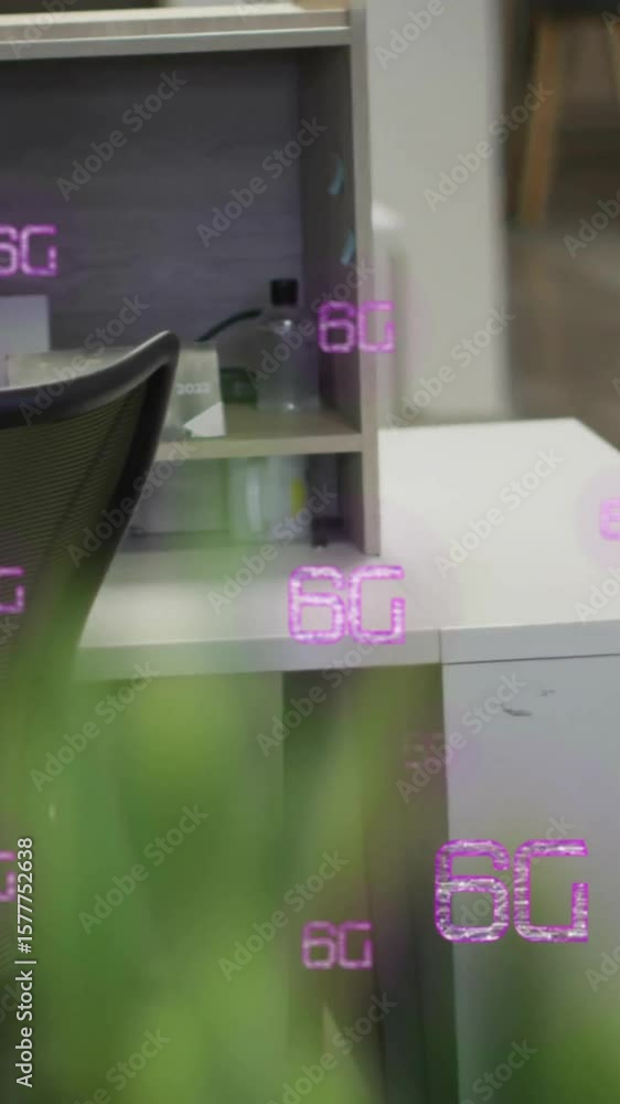 Poster 6g text animation over empty office desk with computer and chair