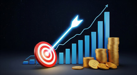 Arrow hitting target with rising stock market graph and gold coins