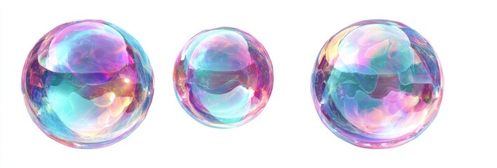 Three iridescent soap bubbles of varying sizes, exhibiting pastel hues and internal reflections against a white background