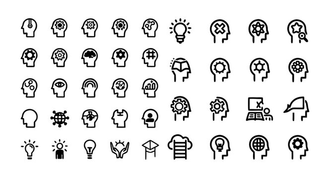 Unlearning and Relearning Line Icon Set &ndash; Thin Linear Vector Pictograms of Knowledge Adaptation, Brainstorming, Creative Problem-Solving, Thinking Process, and Lifelong Learning