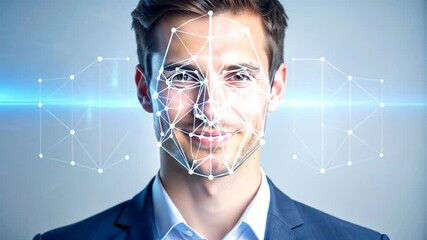 Facial recognition technology with a network of connected dots on a smiling businessman face - Powered by Adobe