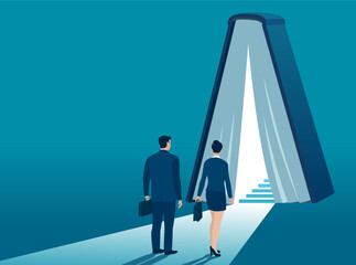 The path of knowledge to a successful career. Knowledge, opportunity, personal growth. A conceptual vector illustration of a couple standing before a big open book