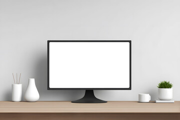 Modern desktop setup with computer on white desk by window. Clean and minimal workspace ideal for tech branding, design, or remote work themes.