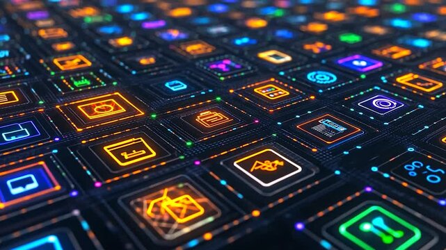 Digital Icon Matrix: A vibrant visualization of countless app icons in a grid formation. Shows the vastness of digital applications.